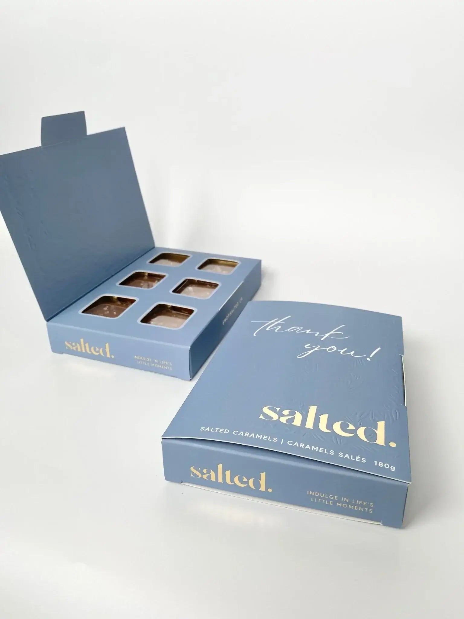 6-piece box of traditional salted caramels in blue gift box