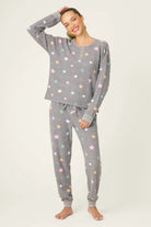 women's thermal waffle pj set with star print and charcoal grey background. Long sleeve top with buttons and Jogger bottoms by PJ Salvage