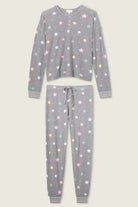 women's thermal waffle pj set with star print and charcoal grey background. Long sleeve top with buttons and Jogger bottoms by PJ Salvage