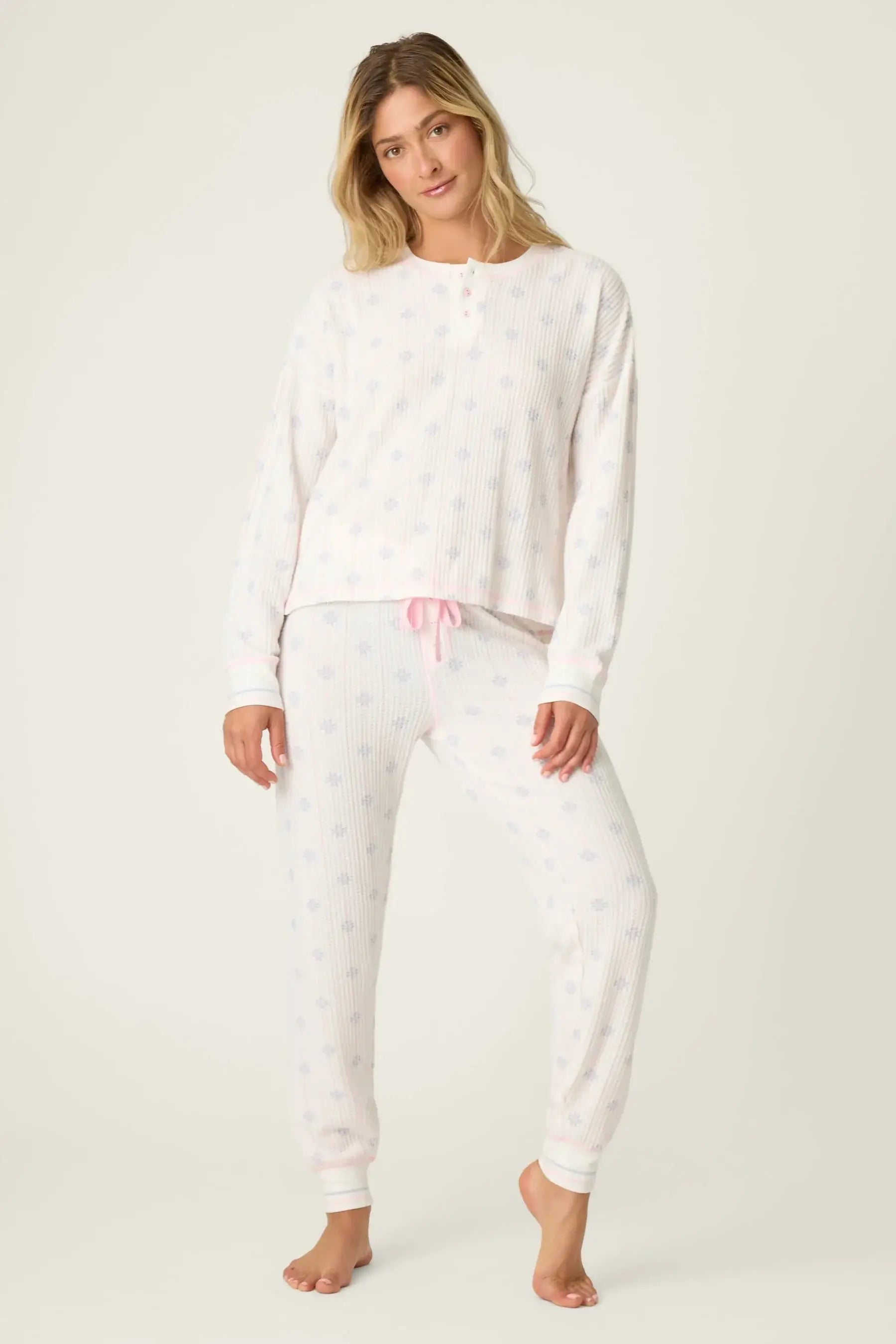 women's snow thermal henley pajama set with ivory background and pink details from PJ Salvage