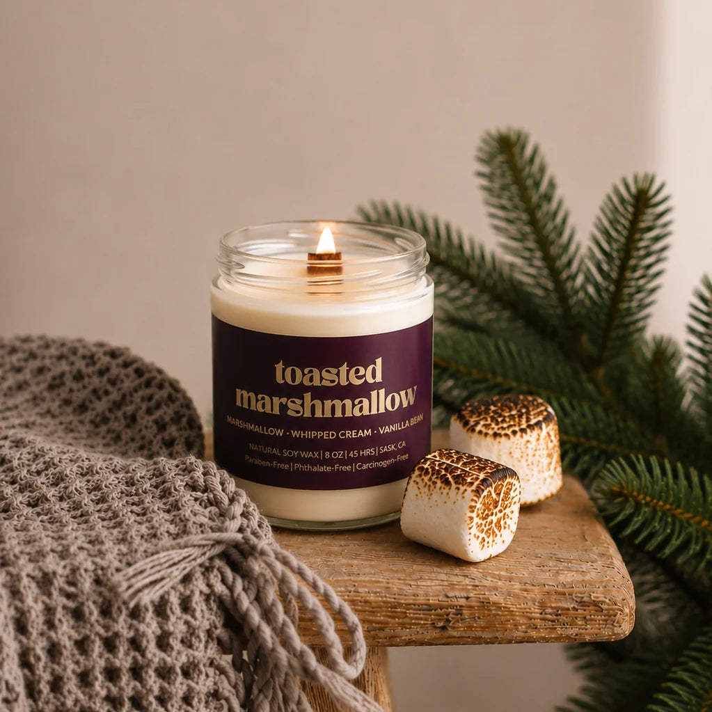 Prairie Creek Candle Toasted Marshmallow 8oz soy candle amber jar — Cloud Nine Pajamas Edmonton