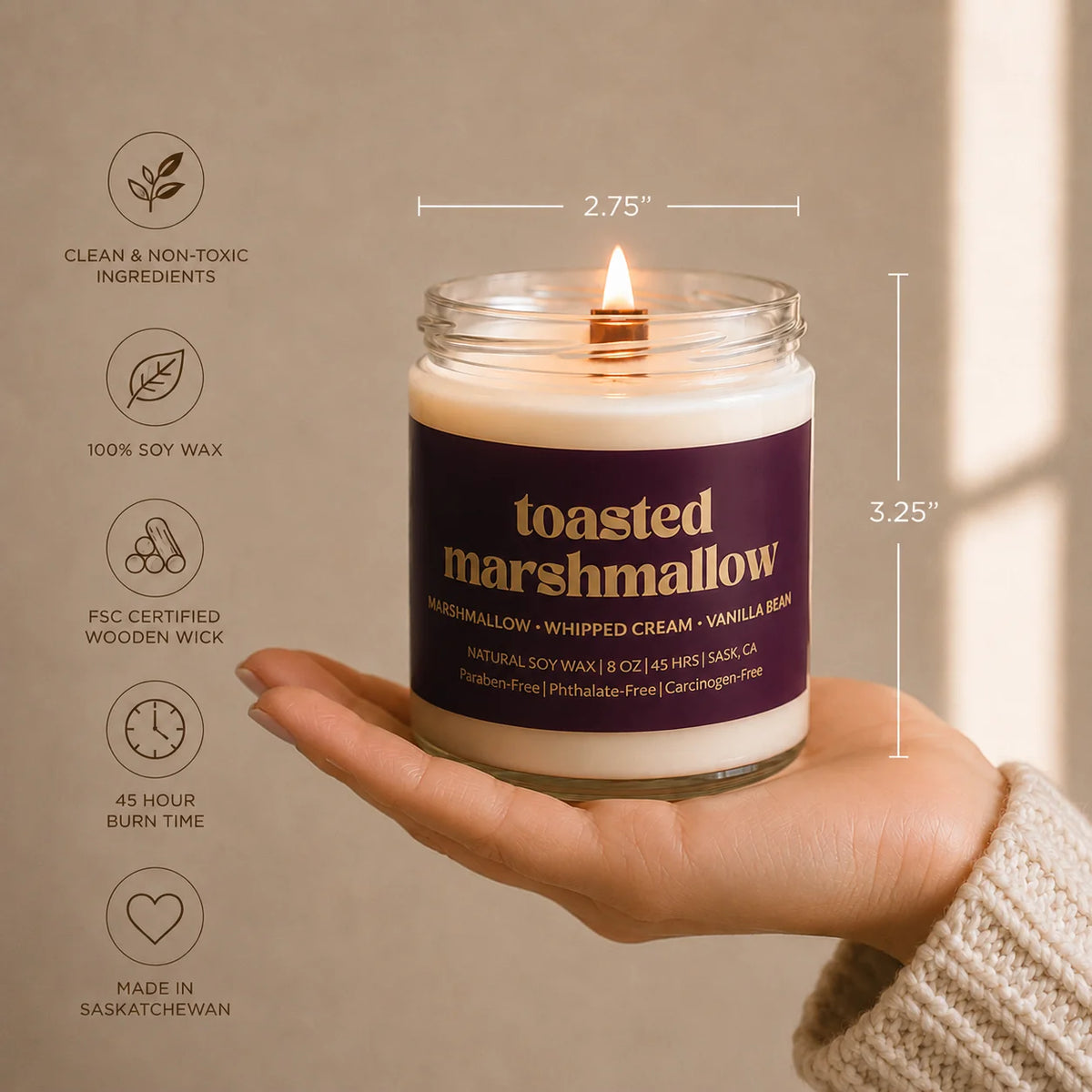 Prairie Creek Candle Toasted Marshmallow 8oz candle lifestyle — Cloud Nine Pajamas Edmonton