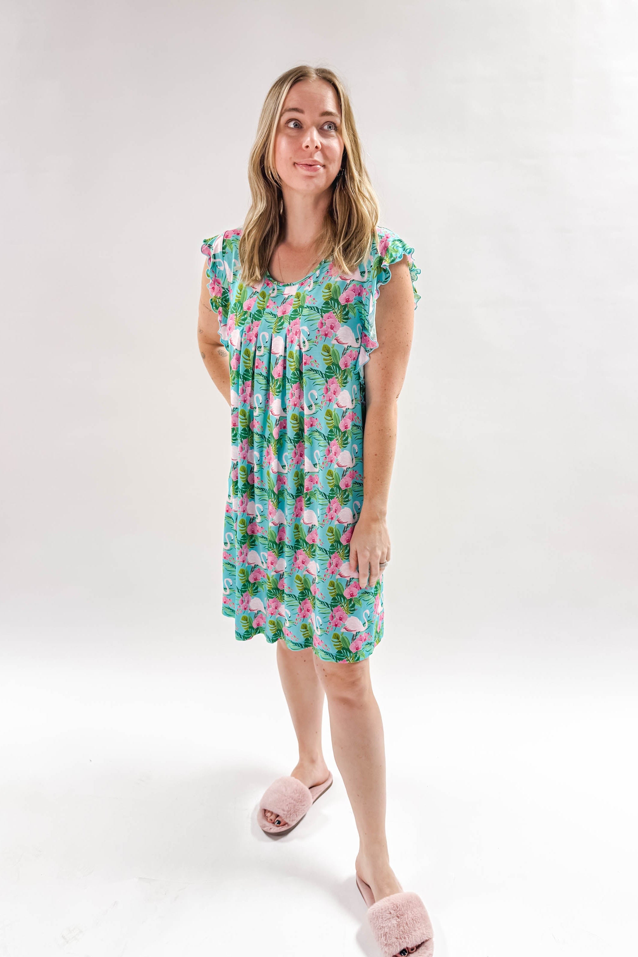 Tropic Like It's Hot Flutter Bamboo Nightgown Georgia Rylan women's knee length tropical print flamingo nightgown
