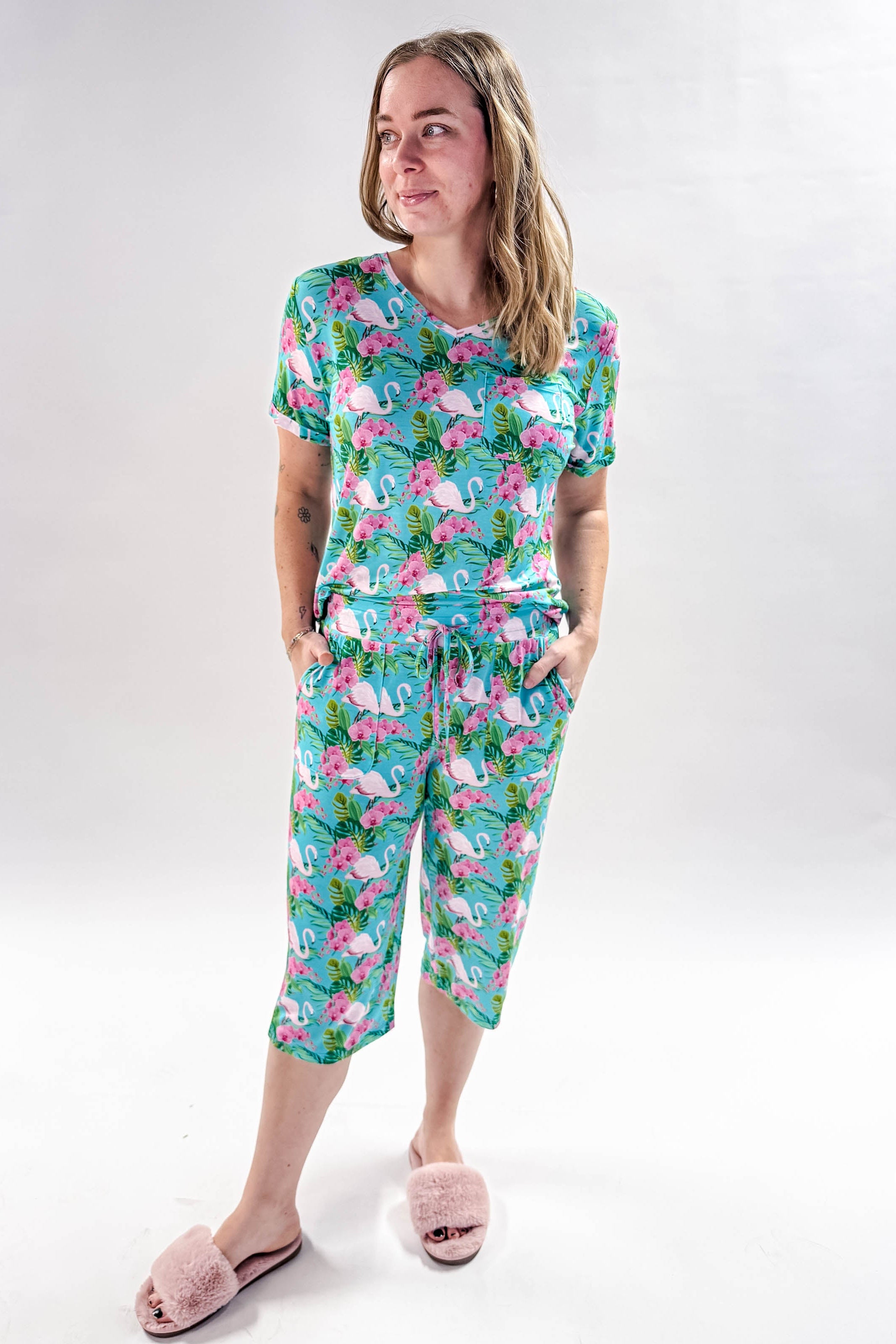 Tropic Like It's Hot Print Tee & Capri Bamboo PJ Set | GEORGIA RYLAN women's loungewear or pyjama set in a tropical flamingo print, classic tee shirt and capri set