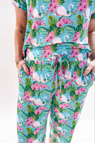 Tropic Like It's Hot Print Tee & Capri Bamboo PJ Set | GEORGIA RYLAN women's loungewear or pyjama set in a tropical flamingo print, classic tee shirt and capri set, close up of drawstring and pockets