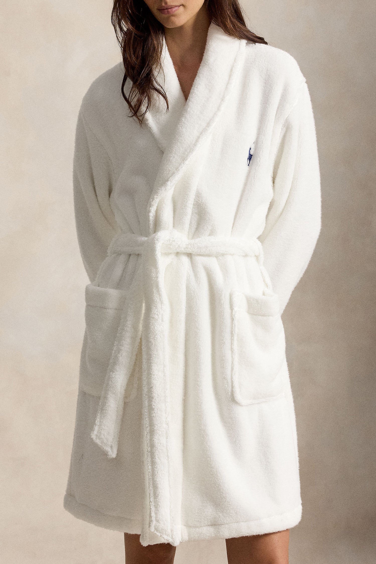 Polo Ralph Lauren Tuxedo Bear Cotton Robe front view on model Big Pony embroidery — Cloud Nine Pajamas Edmonton