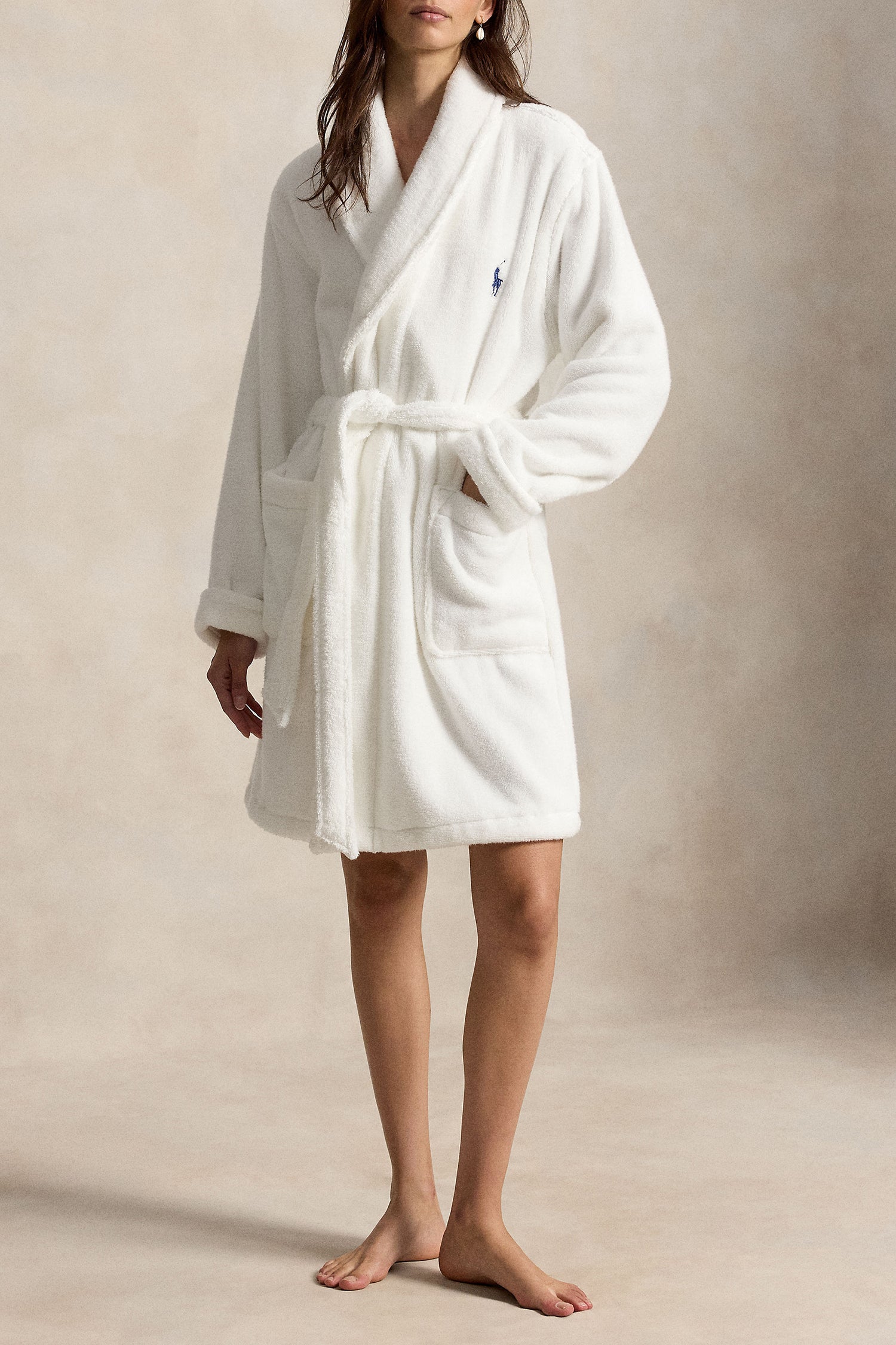 Polo Ralph Lauren Tuxedo Bear Cotton Robe front view on model Big Pony embroidery — Cloud Nine Pajamas Edmonton