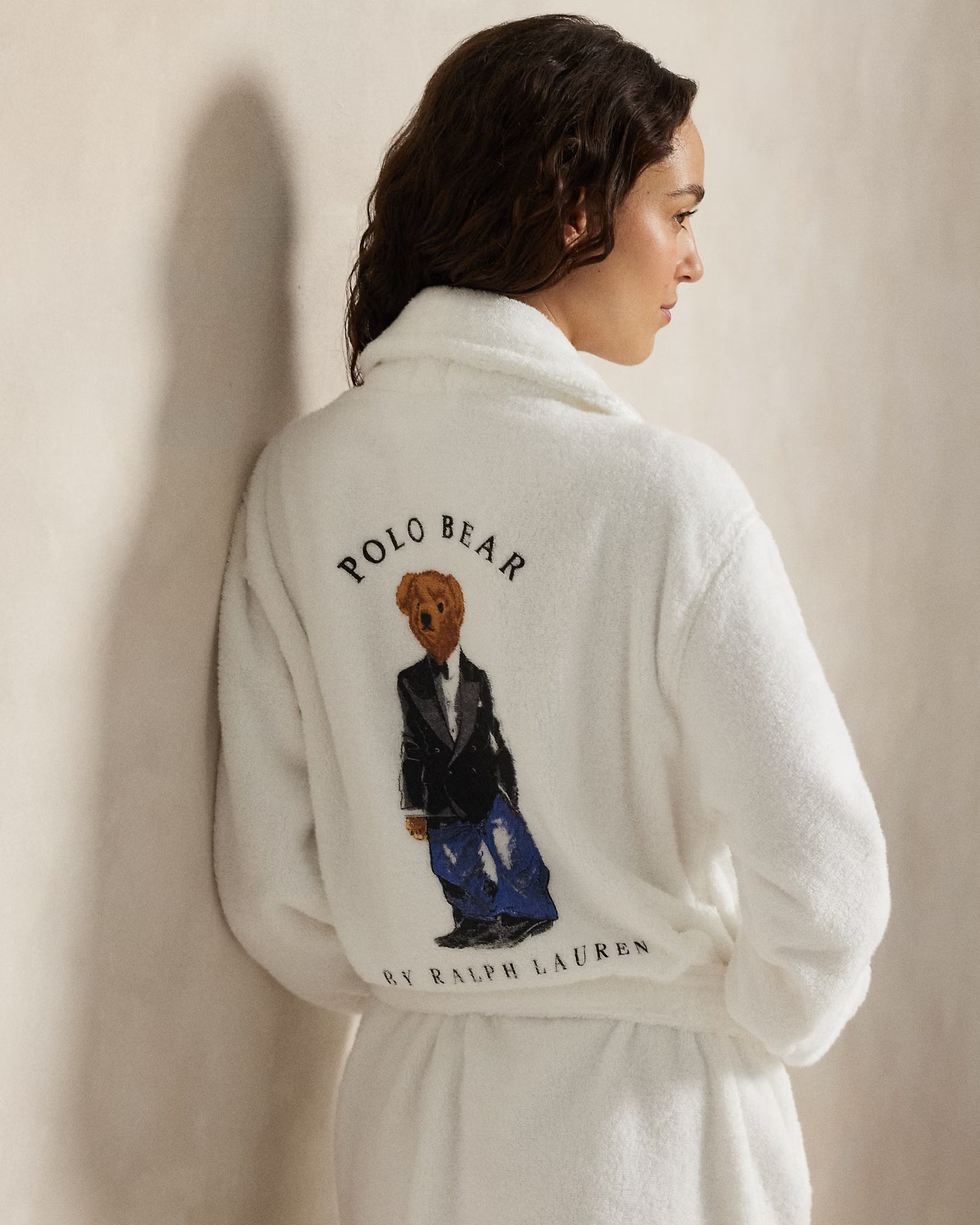 Polo Ralph Lauren Tuxedo Bear Robe centre back showing tuxedo Polo Bear print — Cloud Nine Pajamas