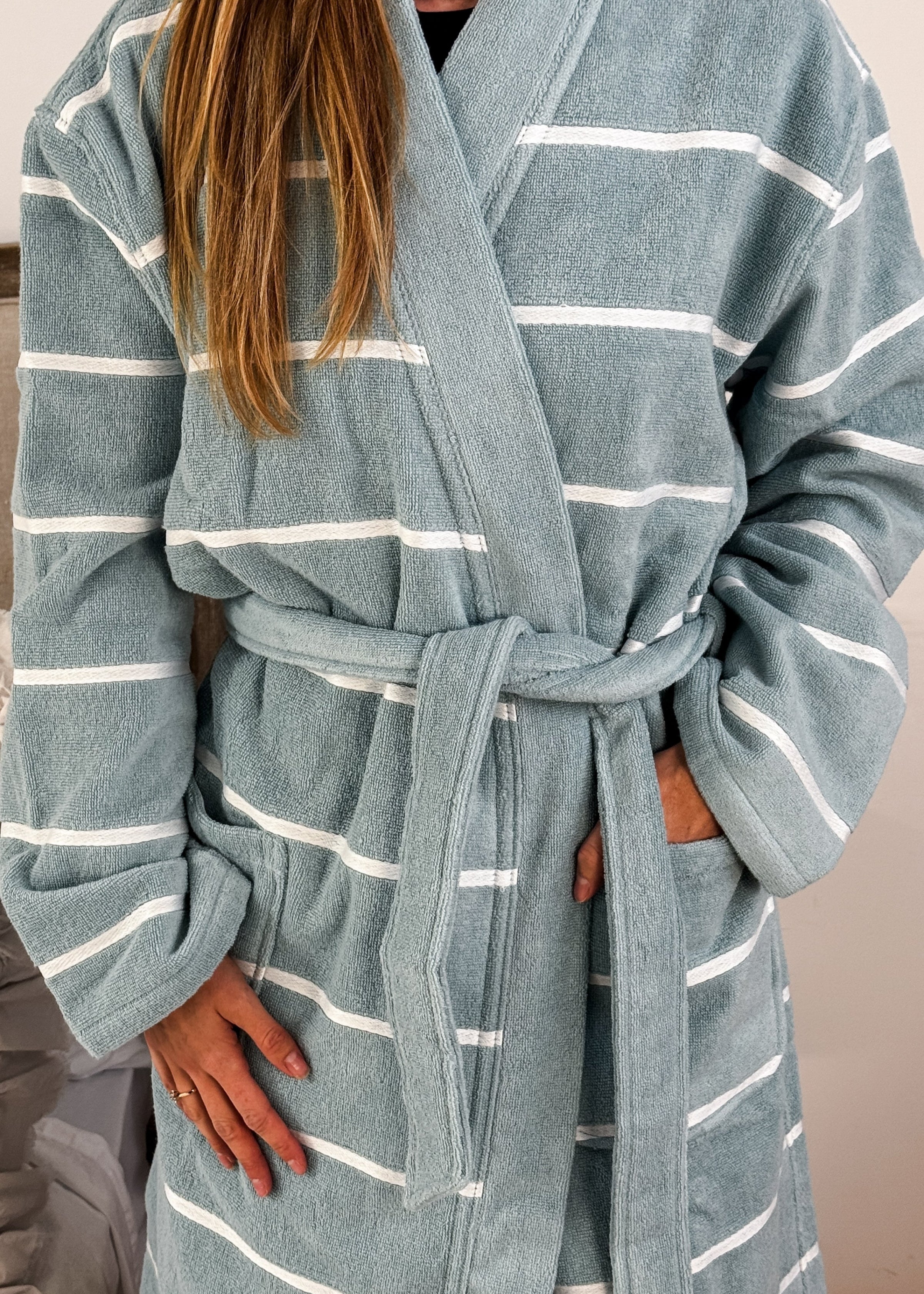 women's striped lightweight cotton terry robe spa resort CARL ROSS