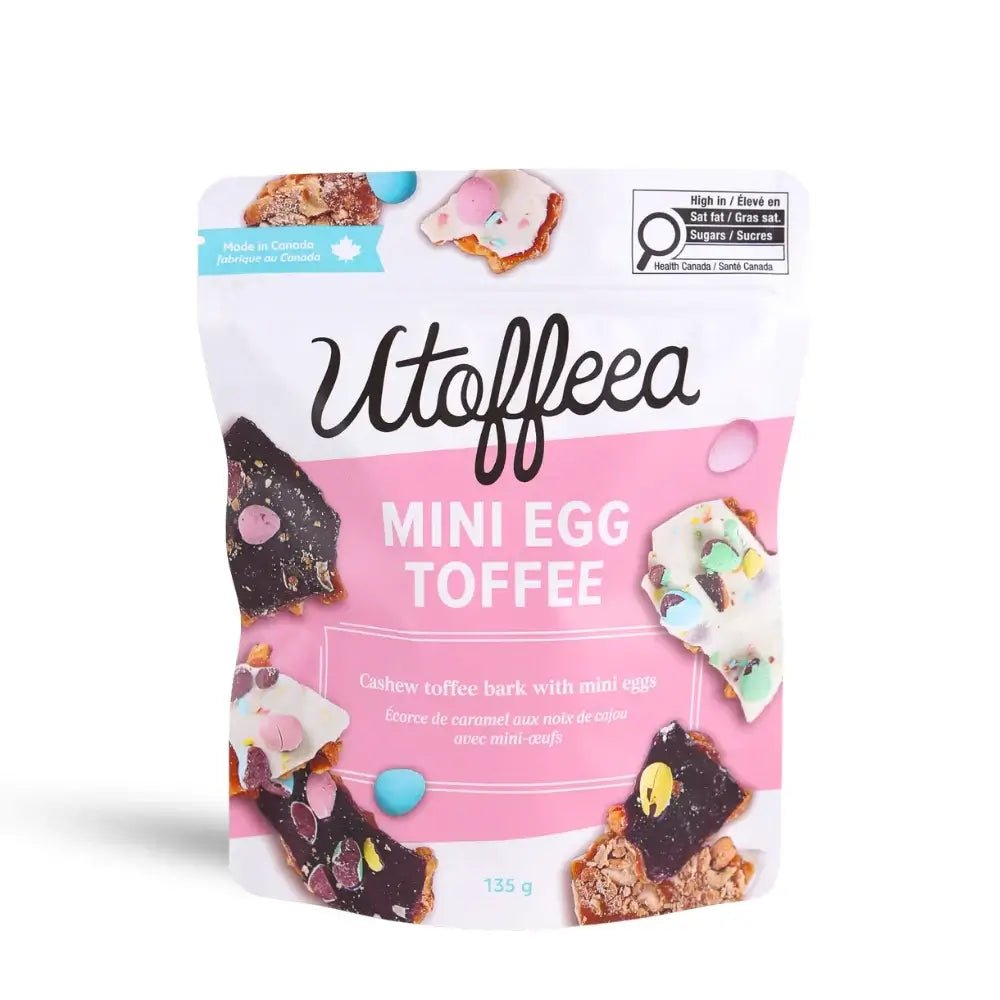Utoffeea Canada Handcrafted Toffee Mini Egg Toffee 135g bag featuring colorful mini eggs and cashew toffee bark.