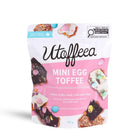 Utoffeea Canada Handcrafted Toffee Mini Egg Toffee 135g bag featuring colorful mini eggs and cashew toffee bark.