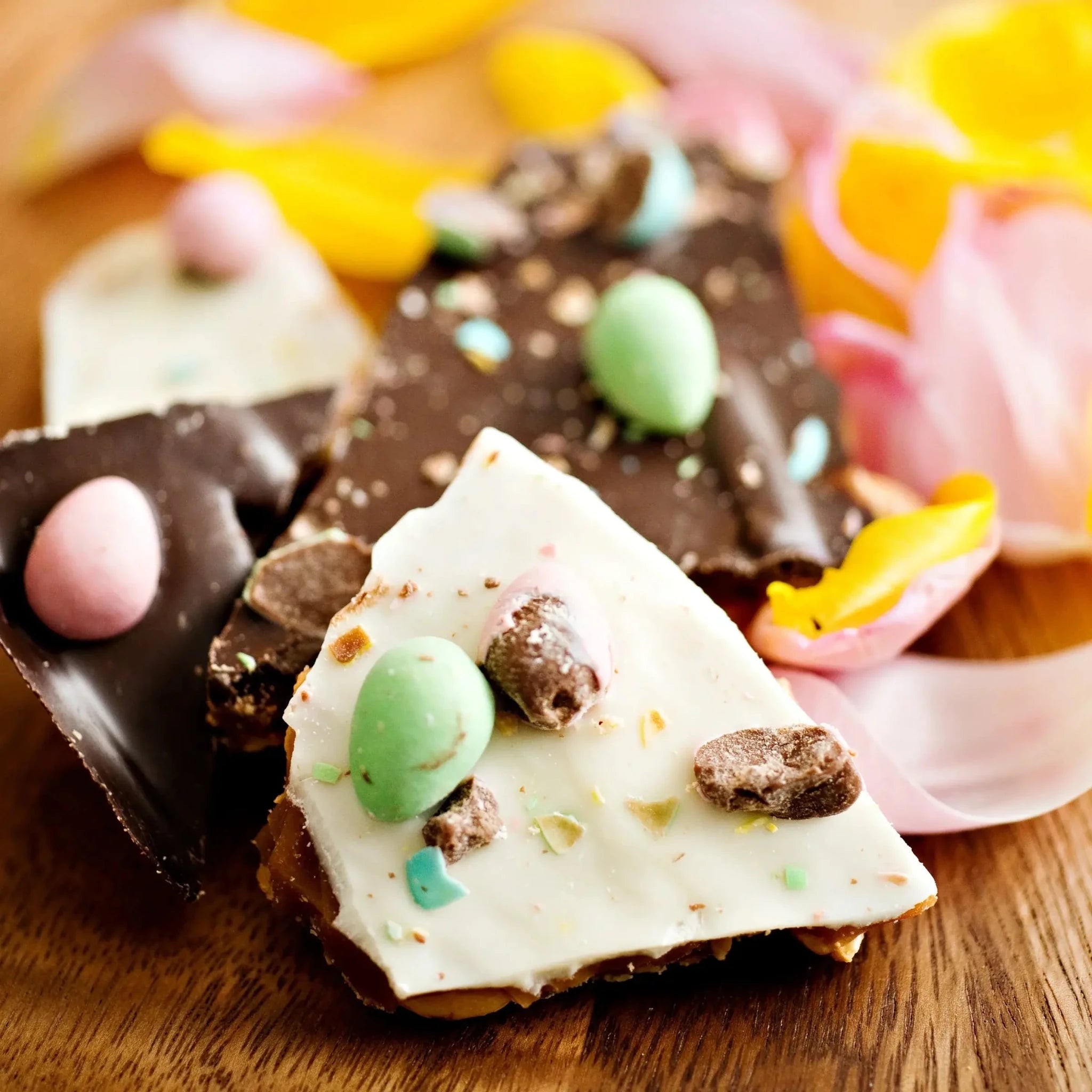 Utoffeea Canada Handcrafted Toffee variety featuring chocolate toffee with colorful Easter egg toppings.