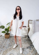 women in light weight gauze cotton white dress Scarlett Ellie V-Neck Gauze Dress | Lightweight Summer Dress | Cloud Nine Pajamas