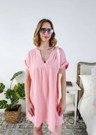 women in light weight gauze cotton pink dress Scarlett Ellie V-Neck Gauze Dress | Lightweight Summer Dress | Cloud Nine Pajamas