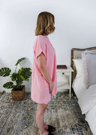 women in light weight gauze cotton pink dress showing side profile Scarlett Ellie V-Neck Gauze Dress | Lightweight Summer Dress | Cloud Nine Pajamas