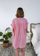 women in light weight gauze cotton pink dress showing back of the dress - Scarlett Ellie V-Neck Gauze Dress | Lightweight Summer Dress | Cloud Nine Pajamas