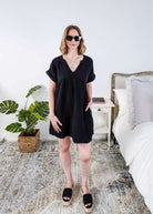 women in light weight gauze cotton black dress Scarlett Ellie V-Neck Gauze Dress | Lightweight Summer Dress | Cloud Nine Pajamas showing full length on model