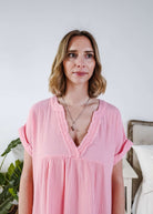 women in light weight gauze cotton pink dress - closeup showing frayed vneck neckline - Scarlett Ellie V-Neck Gauze Dress | Lightweight Summer Dress | Cloud Nine Pajamas