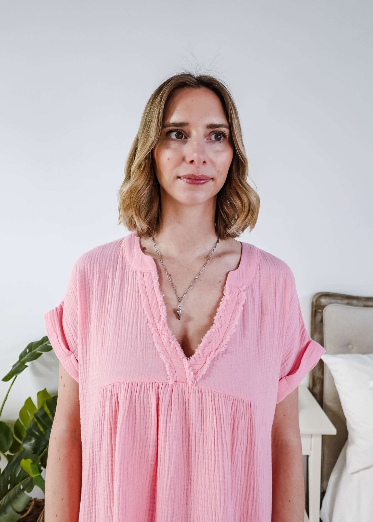 women in light weight gauze cotton pink dress - closeup showing frayed vneck neckline - Scarlett Ellie V-Neck Gauze Dress | Lightweight Summer Dress | Cloud Nine Pajamas