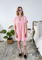 women in light weight gauze cotton pink dress - Scarlett Ellie V-Neck Gauze Dress | Lightweight Summer Dress | Cloud Nine Pajamas