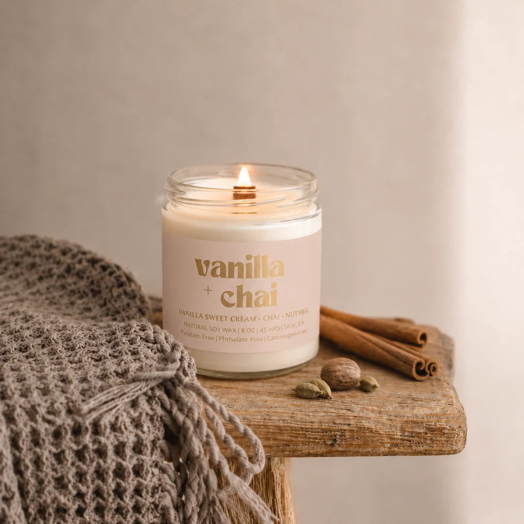 Prairie Creek Candle Vanilla Chai 8oz soy candle lifestyle — Cloud Nine Pajamas Edmonton