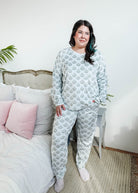  Cozy Pine Long Sleeve Jogger Velour Lounge Set modeled by a woman with long dark hair, showcasing soft fabric and comfort.