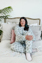  Cozy Pine Long Sleeve Jogger Velour Lounge Set modeled by a woman with long dark hair, showcasing soft fabric and comfort.