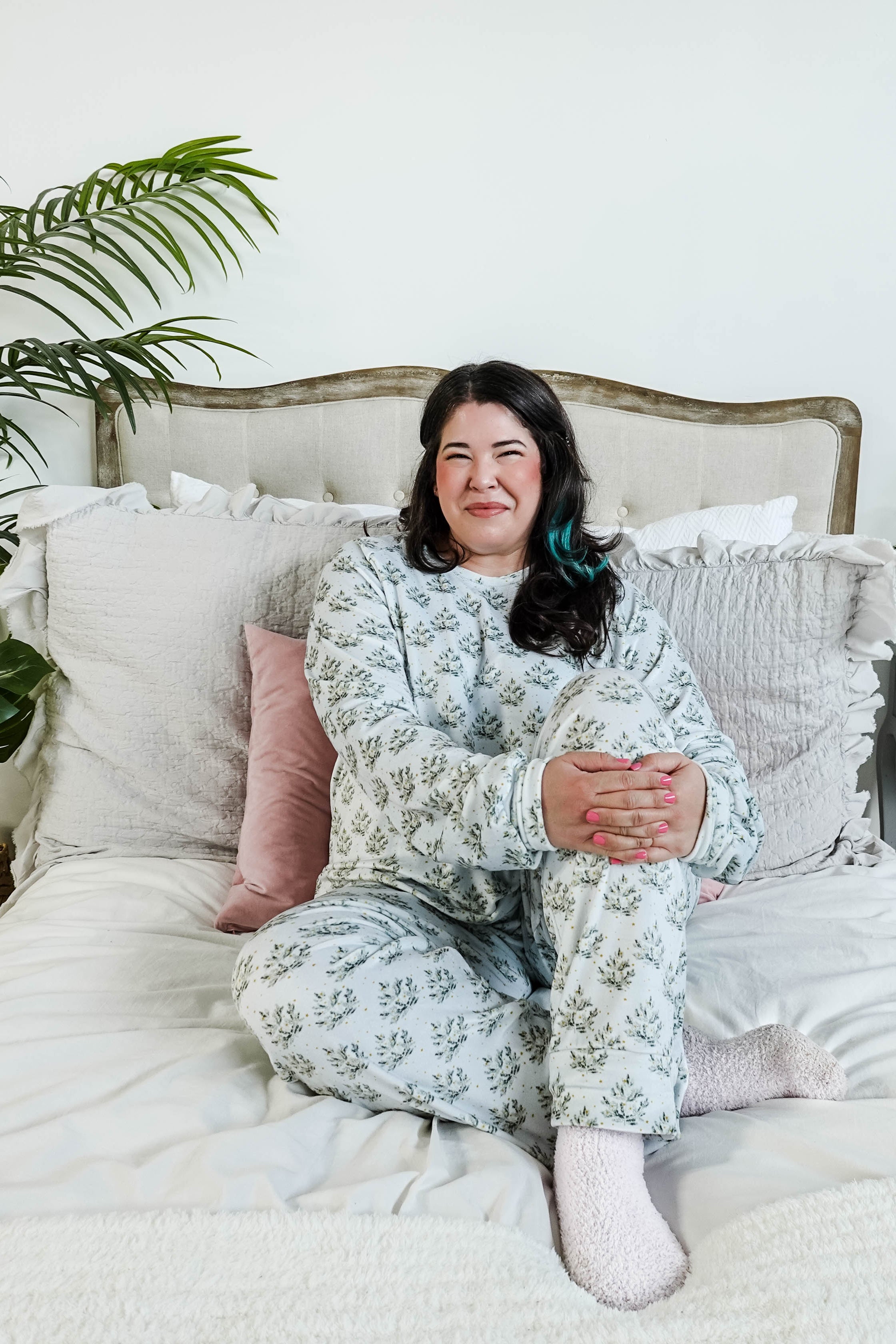  Cozy Pine Long Sleeve Jogger Velour Lounge Set modeled by a woman with long dark hair, showcasing soft fabric and comfort.