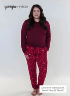 Vino Dreams PJ Long Sleeve Jogger Bamboo Set | GEORGIA RYLAN model sizing, showing measurements for plus size women