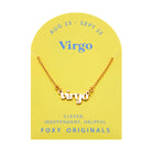 Zodiac Script Necklace in 14K Plated Gold featuring the Virgo astrological sign in elegant script on a yellow background.
