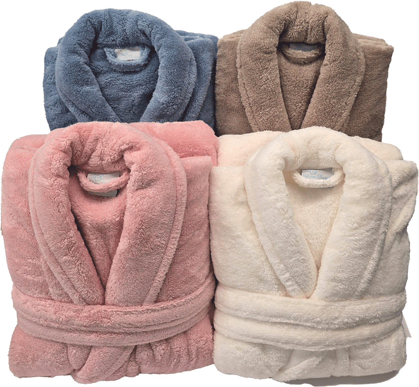 all-groups WARM BUDDY - Cozy Ultra Plush Spa Robe stacked picture showing 4 colours - taupe, ocean blue, cream and pink