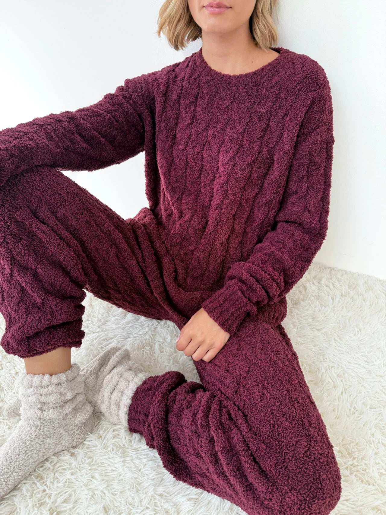 Splendid Merlot Fuzzy Cable Knit Sweater PJ Set | Chenille Lounge