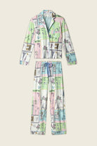 Whimsy Postcards From Paris PJ Set featuring pastel sketches of Parisian landmarks and cafés from PJ Salvage.