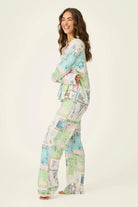 Whimsy Postcards From Paris PJ Set shown on a model, featuring pastel sketches on a natural background.