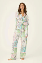 Whimsy Postcards From Paris PJ Set featuring pastel drawings of Parisian scenes in a comfortable pajama set from PJ Salvage.