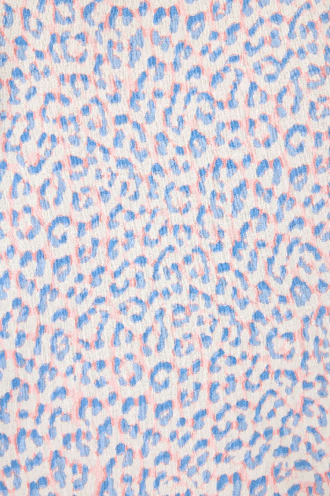 Leopard print pattern featuring pastel sky-blue and soft-coral hues for the Whimsy Walk On The Wild Side PJ Set.