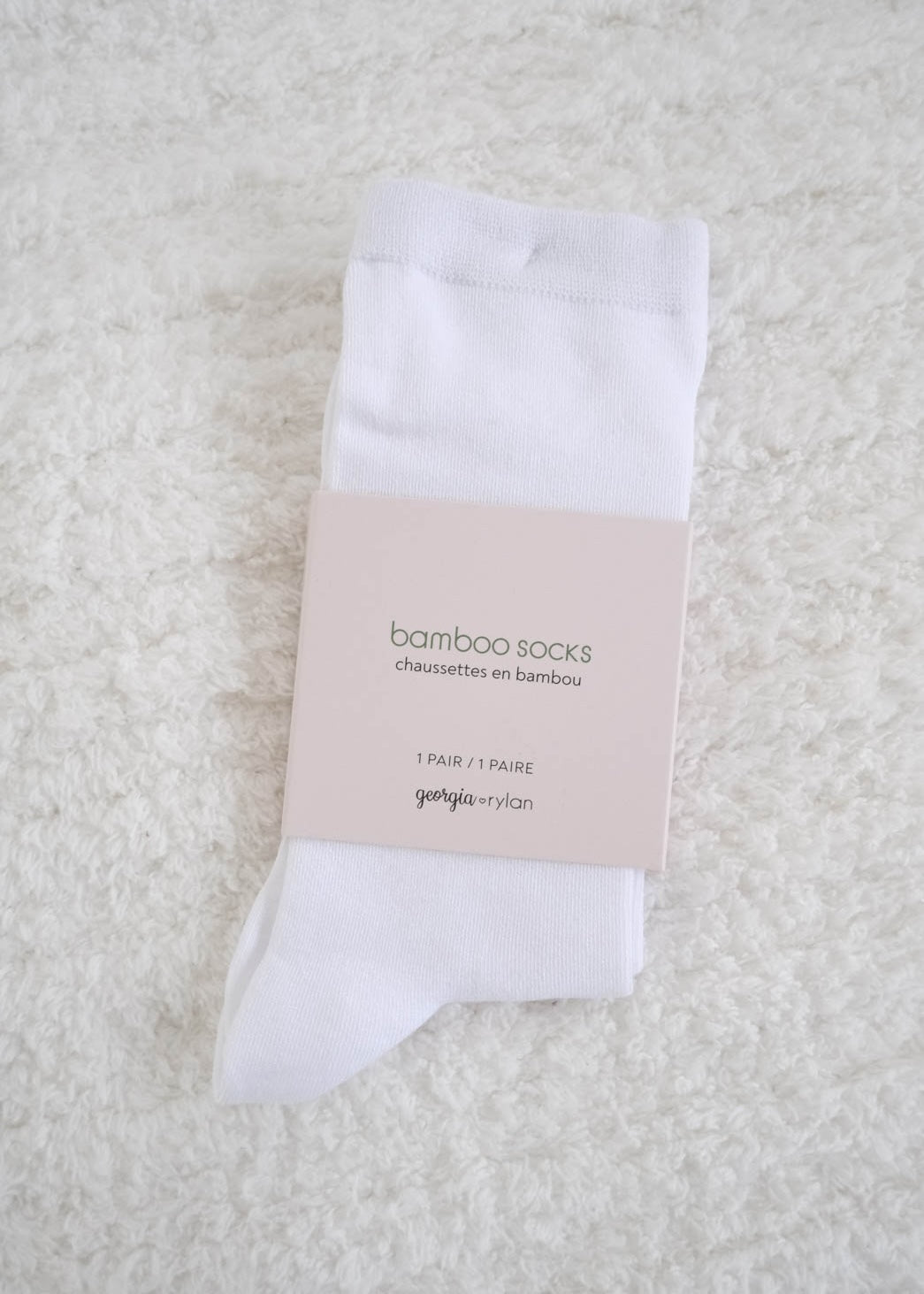 Georgia Rylan white bamboo crew sock flat lay — Cloud Nine Pajamas