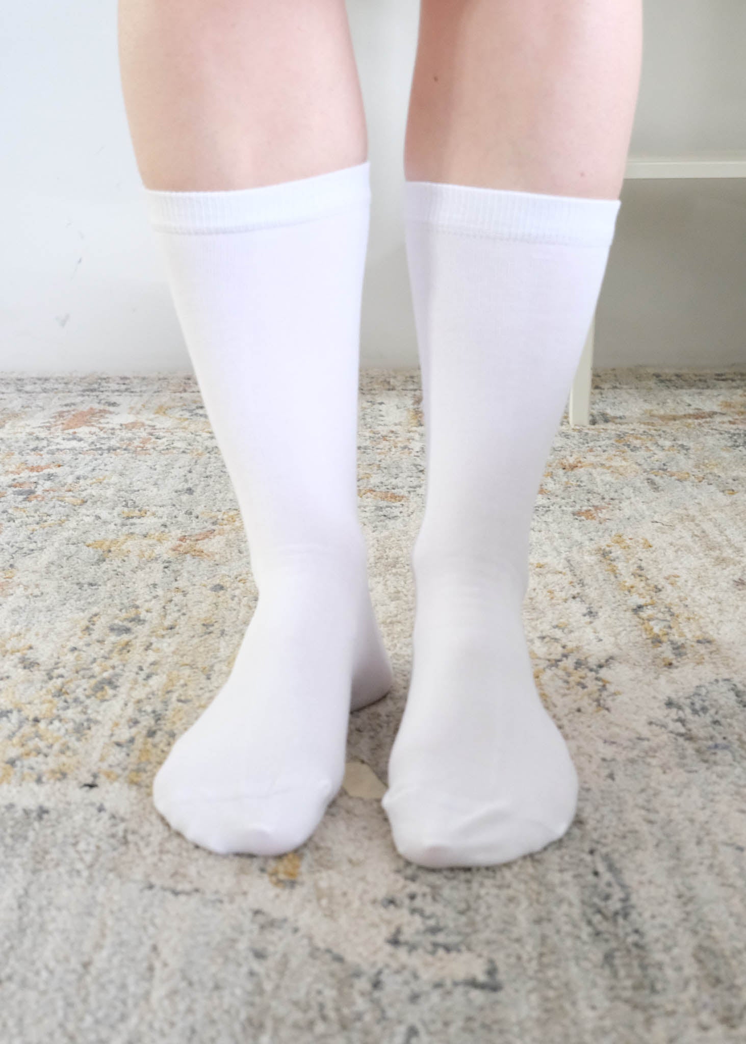 Georgia Rylan white bamboo crew sock on model styled — Cloud Nine Pajamas