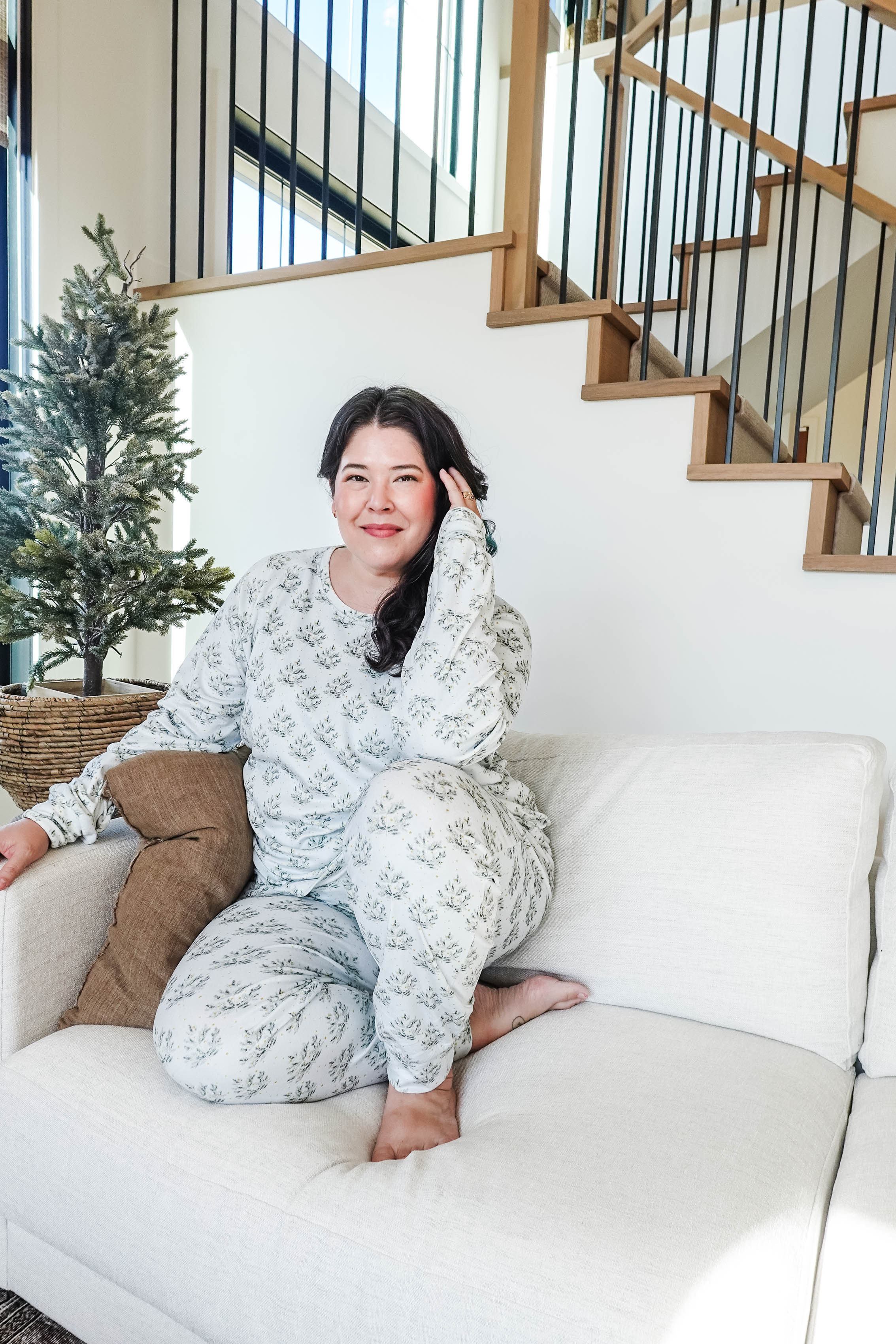 winter pine print in velour pj set for christmas