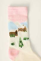 PJ Salvage Winter Village Ribbed Crew Socks ivory winter village motif flat lay — Cloud Nine Pajamas Edmonton