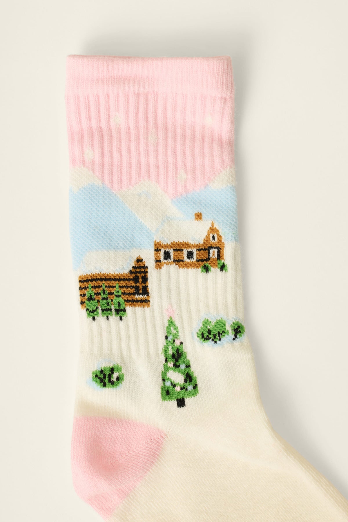PJ Salvage Winter Village Ribbed Crew Socks ivory winter village motif flat lay — Cloud Nine Pajamas Edmonton