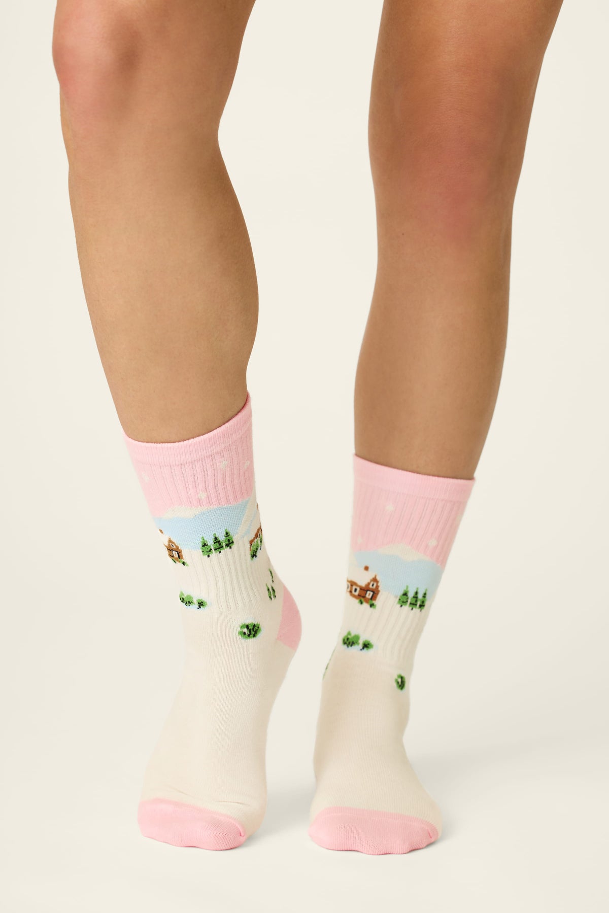 PJ Salvage Winter Village Ribbed Crew Socks on model front view — Cloud Nine Pajamas Edmonton