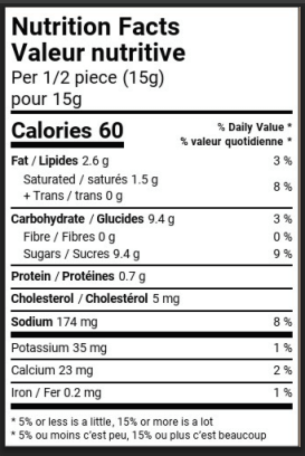 all-groups Nutrition facts label for a food product in both English and French for Salted. Winter Whimsy Collection of 4 pieces salted caramels. 