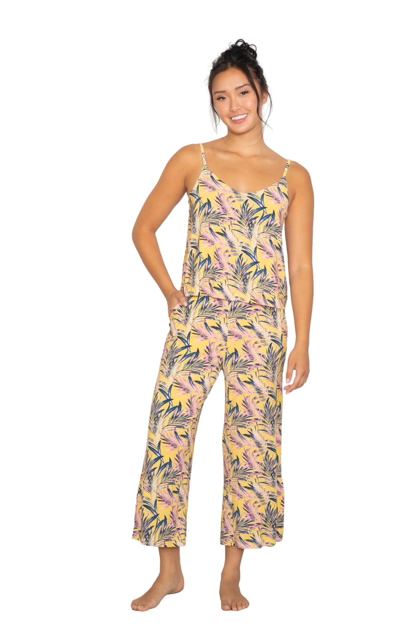 Model wearing Cami & High Waist Capri PJ Set in a floral print, showcasing stylish sleepwear for comfort and elegance.