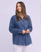 Yoga Jeans Elena Linen Oversized Button Up Top in a soft blue color, featuring a relaxed fit and button-down front.