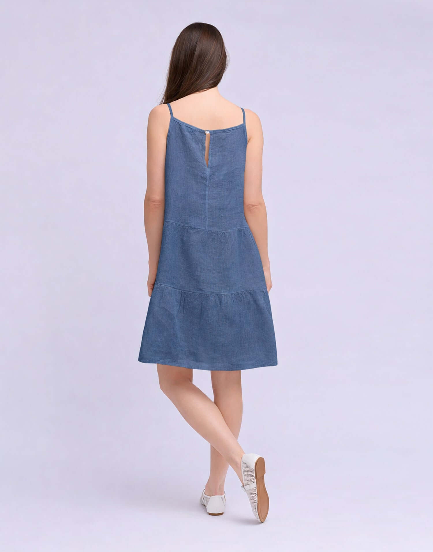 YOGA JEANS Isabella Linen Spaghetti Strap Dress showcased from the back, featuring a tiered design and adjustable straps.