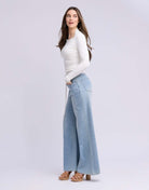 Yoga Jeans LILY Wide Leg Drawstring Jeans - model wearing wide leg denim with pockets, showcasing comfort and style.