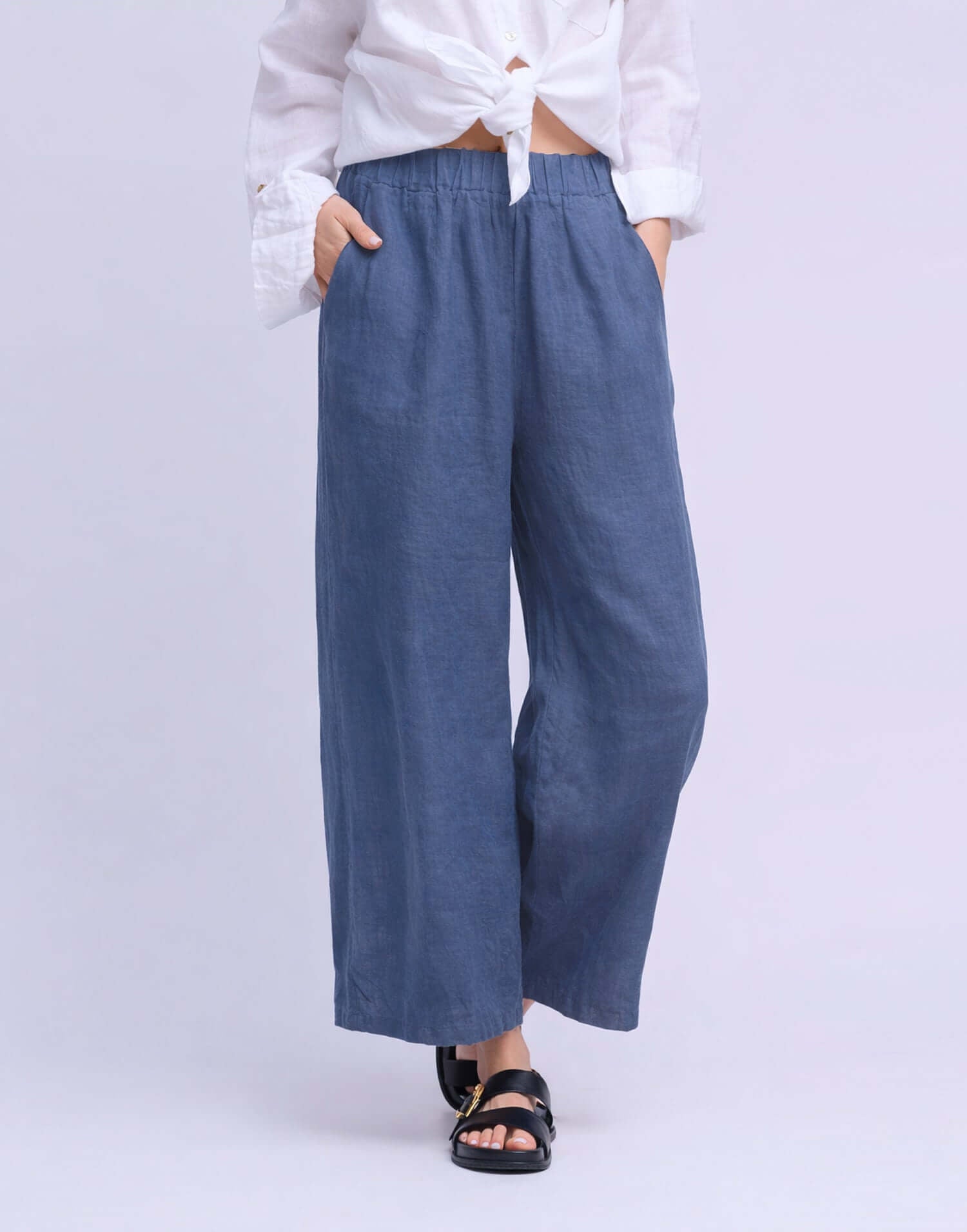YOGA JEANS Sofia Linen Wide Leg Pant in blue, featuring a comfortable elastic waistband and stylish wide leg design.