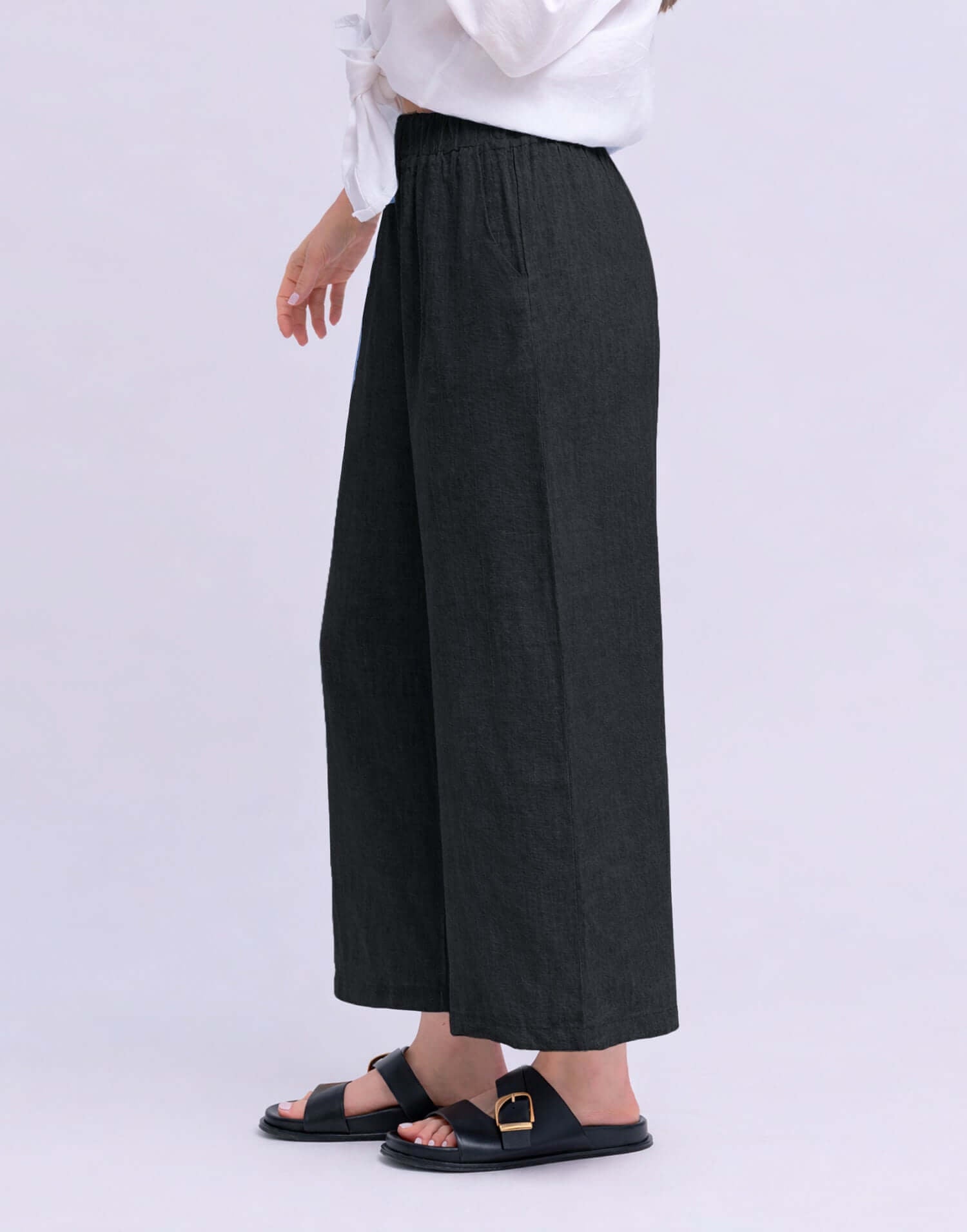 YOGA JEANS Sofia Linen Wide Leg Pant shown in side view, featuring a relaxed fit and elastic waist.