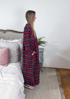 women's long red plaid flannel nightgown with embroidery APRIL CORNELL
